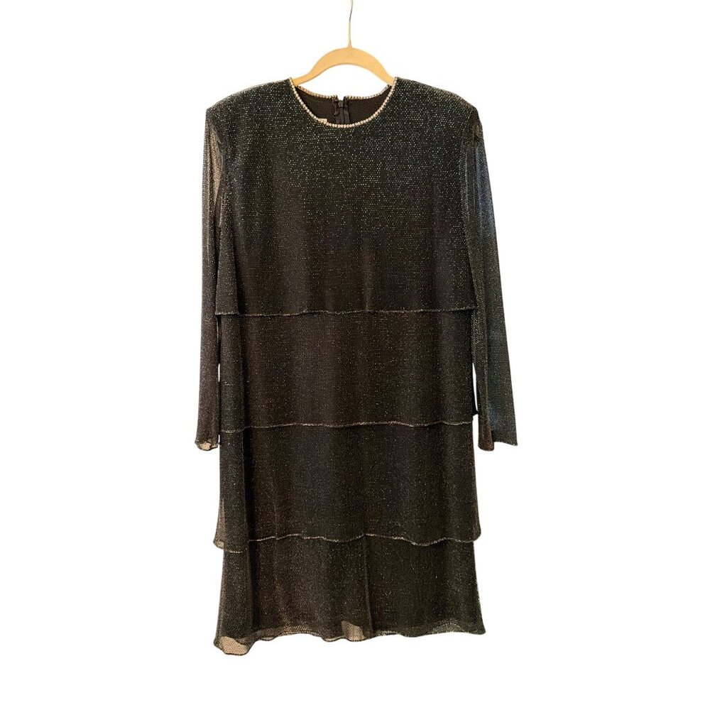 Patra Black Glitter Tiered Dress Size 12P Long Sleeve Semi-Sheer Formal Wear